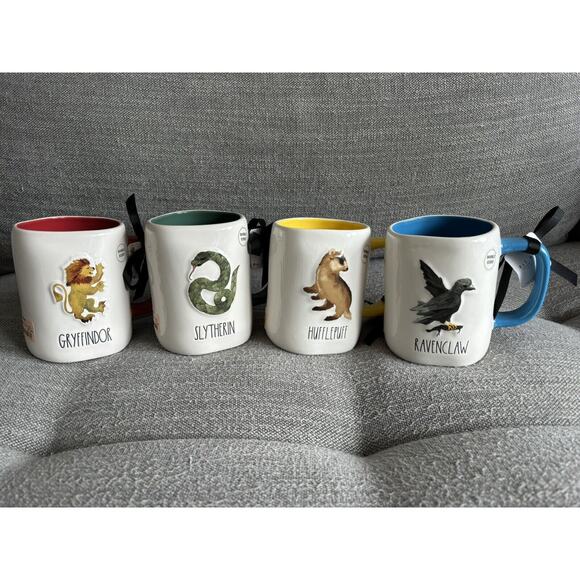 Rae Dunn Harry Potter Houses Hufflepuff Gryffindor Slytherin Ravenclaw 4 Mug Set - Picture 1 of 10